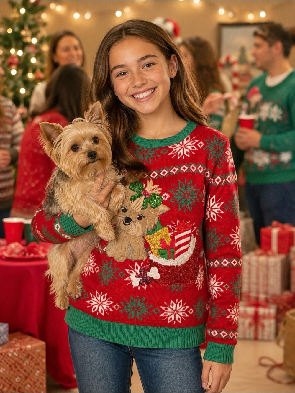 Ugly Christmas Sweater Sz Jr XL (14-16) Terrier Presents Celebrate Together